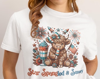Camiseta patriótica para el 4 de julio, camiseta de Estados Unidos, camiseta de EE. UU. para ella, camiseta del 4 de julio, camiseta del Día de la Independencia, camiseta de vaca de las Tierras Altas