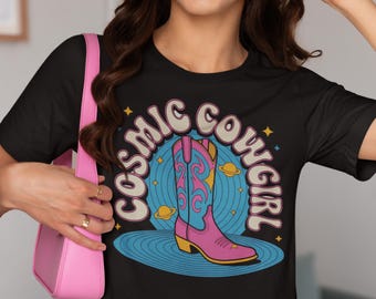 Cosmic Cowgirl Muttertag T-Shirt Pink Boot Shirt Y2K Rodeo Ästhetisches Shirt Retro Space Western Cowgirl Grafik Top Himmlisches Geschenk für Mama