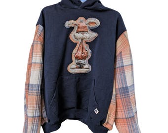 Upcycled Hoodie with Flannel Sleeves & Embroidered Rabbit Patch | Handmade One-of-a-Kind Sweatshirt | Oversized Fit