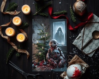 May include: A dark Christmas scene featuring a doll, Christmas tree, and candles. The doll has a stitched mouth and a red bow. A figure is in the window. A red and white bauble is in the foreground. The scene is set on a dark wooden surface.