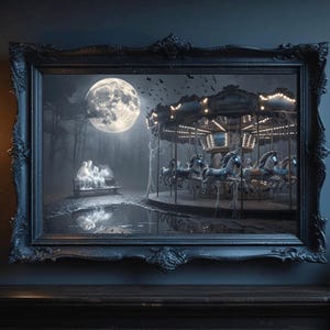 Puede incluir: Una obra de arte enmarcada representa una escena de carrusel fantasmal bajo una luna llena. El carrusel presenta caballos fantasmales y está rodeado de telarañas. Figuras silueteadas se sientan en un banco cerca de un charco reflectante, con un bosque oscuro al fondo.