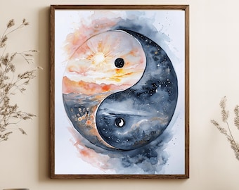 Sun and Moon Yin Yang Matte Vertical Poster | Watercolor Sky Night Art