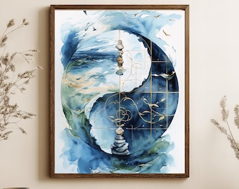 Yin Yang Ocean Watercolor Print | Zen Balance Art