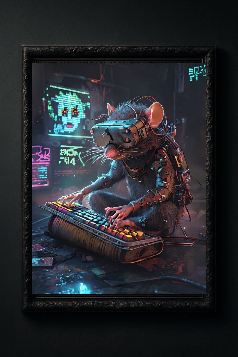 Desktop Pc Computer Surrounded With Rats Cyberpunk Rat Poster: Funny Techcore Animal Art (digital Download ...
