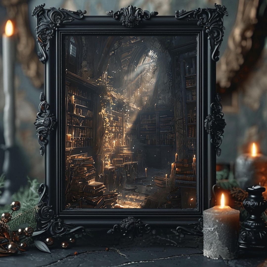 Gothic Library Print: Dark Academia Candlelit Library Art - Etsy