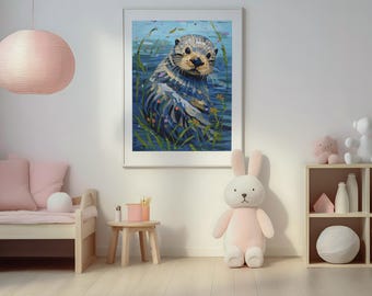 Whimsical Sea Otter Wall Art Print: Coastal Nursery Decor Baby Gift