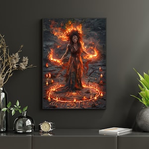 Fire Witch Art Print: Dark Magic Flame Ritual (Digital Download)