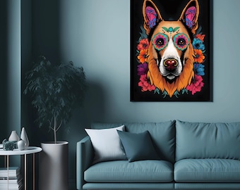 May include: A framed art print featuring a German Shepherd dog with colorful sugar skull-style face paint and floral accents. The dog's fur is orange and brown, set against a black background.
