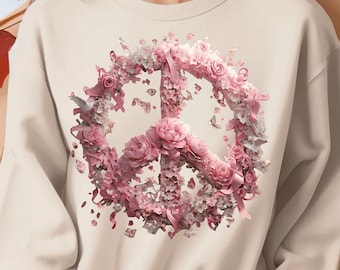 Sudadera de concienciación sobre el cáncer de mama - Símbolo de la paz con lazo rosa y peonías - Cuello redondo para apoyar la salud de la mujer