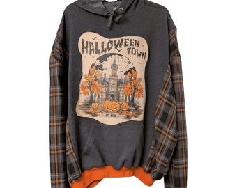 Upcycled Halloween Hoodie Flannel Sleeve Sweatshirt Pumpkin Graphic 2XL