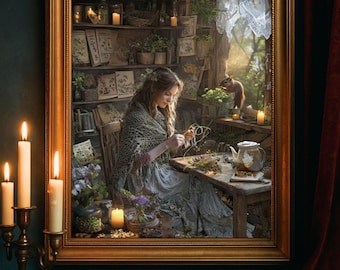 Cottage Hexe Kunstdruck - Kräuterkränzchen Cottagecore Decor (Digitaler Download)