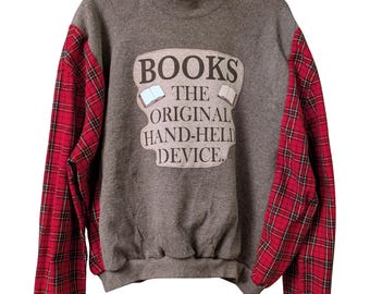 Upcycled Book Lover Sweatshirt – Reverse Applique Books Graphic, Plaid Flannel Sleeves