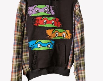 Upcycled Ninja Turtles Hoodie Flannel Sleeve Sweatshirt Cartoon Graphic Small