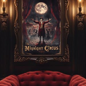 May include: A framed poster for "The Midnight Circus" featuring a man in a red coat and top hat with arms outstretched. The poster is set against a backdrop of a full moon and circus tents. The frame is ornate, and a red velvet sofa is in the foreground.