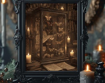 Impressão de colecionador de traças: Arte de estudo gótica à luz de velas da Dark Academia