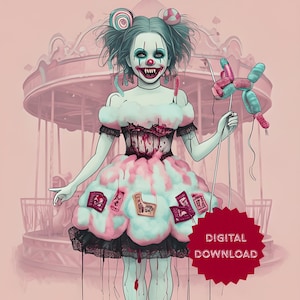 May include: Digital illustration of a creepy clown girl with teal hair and makeup, wearing a cotton candy dress and holding a balloon animal. A carousel is in the background. The image has a pink and red color scheme, with the words "DIGITAL DOWNLOAD" on a red badge.