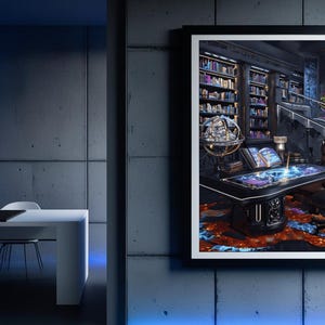 Cyberpunk Library Wall Art | Futuristic Cityscape Printable | Neon Urban Fantasy Poster | High-Tech Gothic Decor | Sci-Fi Digital Download