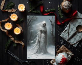 May include: A winter-themed still life featuring a central artwork of a figure in a white gown amidst a snowy forest. The scene is surrounded by lit candles, decorative ribbons, a gold ornament, and a wrapped gift, all arranged on a dark wooden surface.