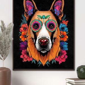 Zuckerschädel Deutscher Schäferhund druckbare Kunst | Tag der Toten Dekor | GSD Druck Digitaler Download | Sugar Skull Hund Geschenk | Hunde Mama Geschenk
