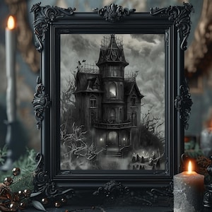 Gothic Haunted Mansion Print: Spooky Victorian House Wall Art