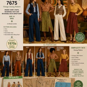 May include: Simplicity 7675 vintage sewing pattern for a misses' shirt, pants, reversible vest, and reversible back-wrap skirt. The pattern includes 15 pieces for size 10. The image displays various outfits created from these patterns, including wide-leg trousers, button-down shirts, patterned skirts, and vests.