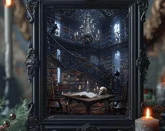 Gothic Library Print: Dark Academia Wall Art, boeken bij kaarslicht
