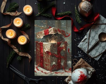 May include: A festive Christmas still life featuring a wrapped gift box with red ribbon, lit candles, and a gold bauble. The gift box is open, revealing a glowing interior. The scene is set on a dark wooden surface.