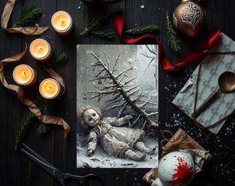May include: A dark, atmospheric still life featuring a vintage doll in the snow next to a fallen tree. Lit candles, Christmas baubles, and ribbon surround the scene, creating a gothic festive aesthetic.