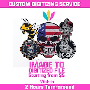 May include: A collection of embroidered patches with various designs, including a skull with an American flag, a police K-9 unit, a jester skull, and a cartoon bee. The text "CUSTOM DIGITIZING SERVICE" is at the top.