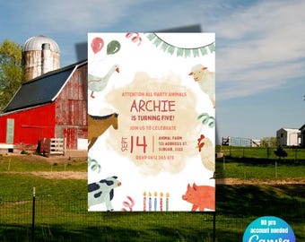Fête d'anniversaire avec des animaux modifiable, modèle sur toile d'invitation avec des animaux de la ferme, attention à tous les fêtards, coloré, anniversaire aquarelle