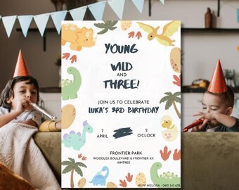 Dinosaur Birthday Invitation: Young Wild and Three, Dino Party (Digital Download
