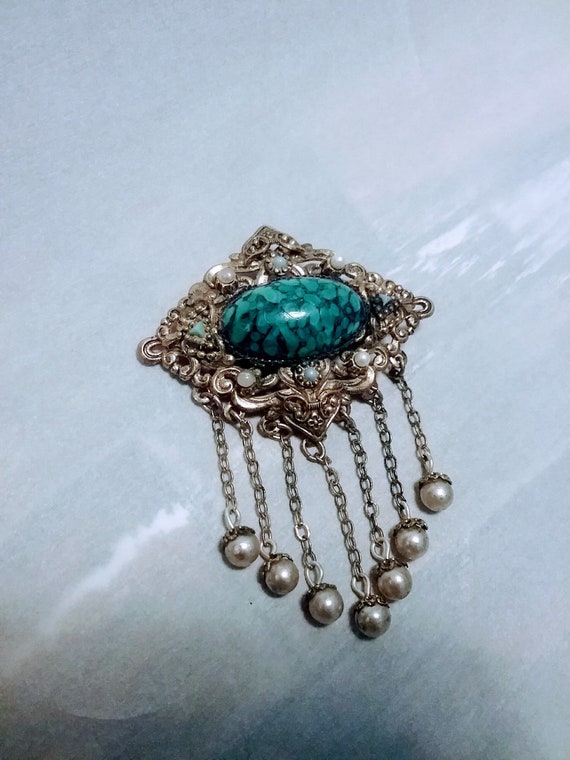 Vintage Costume Jewelry Brooch Pin Turquoise and G