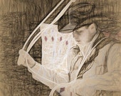 Cowboy with his larite, poker cards in the background, vertical print