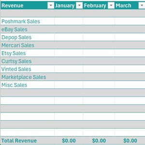 May include: A digital spreadsheet template for tracking revenue with columns for January, February, and March. Rows list Poshmark, eBay, Depop, Mercari, Etsy, Curtsy, Vinted, Marketplace, and Misc Sales, with a final row for Total Revenue showing £0.00.