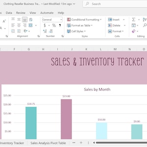 Op de afbeelding: Een spreadsheet met de titel "Sales & Inventory Tracker" met een roze kop en een lichtroze achtergrond. De spreadsheet bevat een staafdiagram met de verkoop per maand en een sectie om het jaar en de maand van de verkoop in te voeren. Tekst in de afbeelding zegt "Your Business Name or Logo Here."