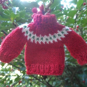 Red Fair Isle Tiny hand knit sweater ornament on silver hanger