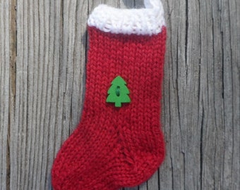 Green Tree Button Christmas Stocking Ornament Red with White Cuff