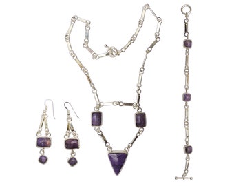 Charoite and Sterling Silver Necklace, Earring, and Bracelet Set  schaj3335