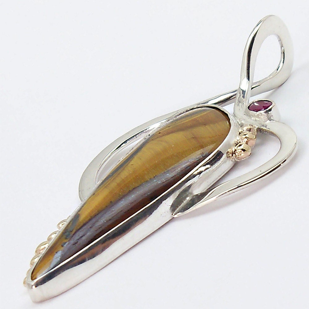 Tigers Eye, Ruby and Sterling Silver Pendant with 14K Gold Accents