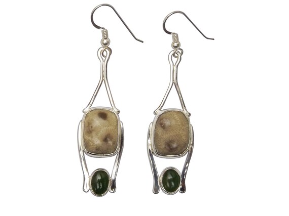 Petoskey Stone and Jade Sterling Silver Dangle Earrings  epkyg3518