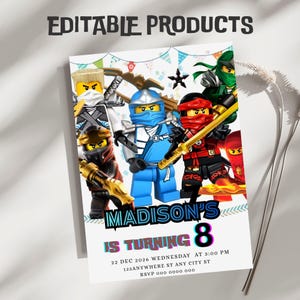 以下が含まれることがあります： レゴニンジャゴーのキャラクターが登場するパーティー招待状。「EDITABLE PRODUCTS」、「MADISON'S IS TURNING 8」というテキストとイベントの詳細が含まれています。デザインはカラフルなグラフィックとお祝いのテーマを取り入れています。