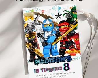 Modèle d'invitation de fête d'anniversaire Ninja modifiable (5 x 7) produit numérique téléchargeable