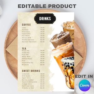 May include: A menu for drinks, including coffee, tea, and sweet drinks, with prices listed. The menu is on a wooden tray, with images of iced drinks. The text "EDITABLE PRODUCT" is at the top.