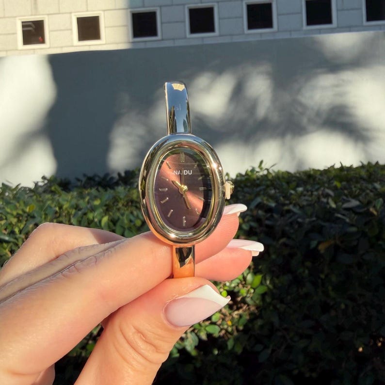 Minimalist Oval Bangle Watch, Gold Tone Roman Numeral Bracelet image 17