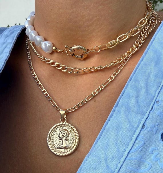 Gold Layered Necklace Set: Coin Pendant, Pearl Choker, Chunky