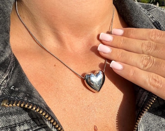 Chunky Silver Heart Necklace: Puffy Statement Pendant