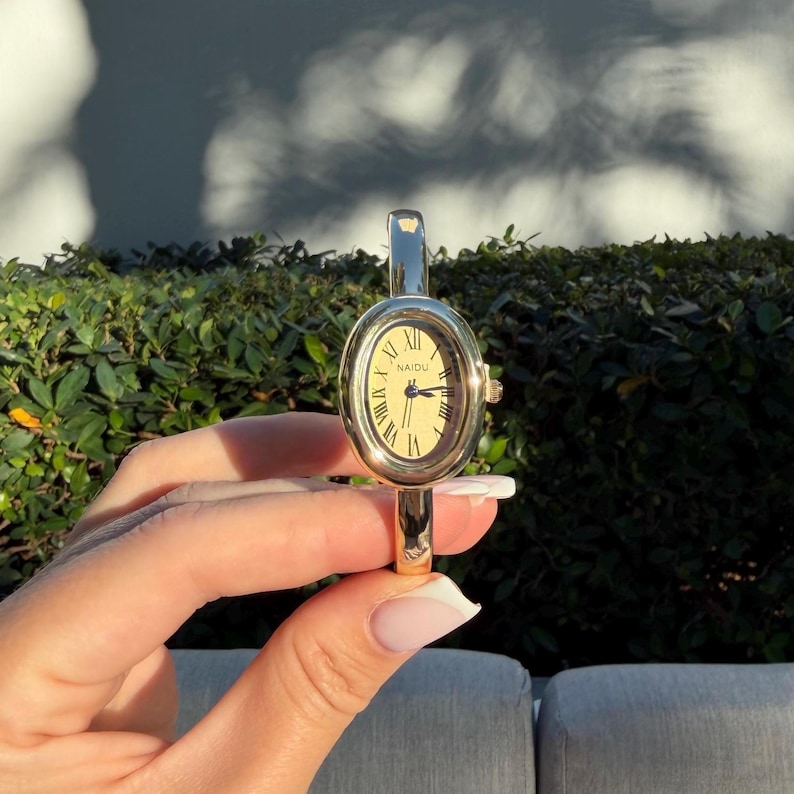Minimalist Oval Bangle Watch, Gold Tone Roman Numeral Bracelet image 11