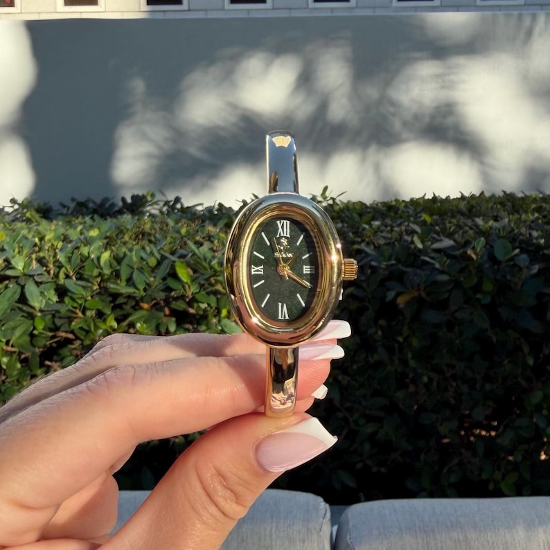 Minimalist Oval Bangle Watch, Gold Tone Roman Numeral Bracelet image 10
