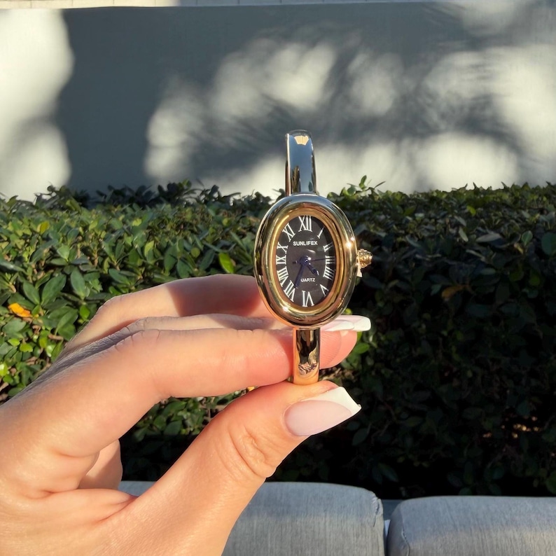 Minimalist Oval Bangle Watch, Gold Tone Roman Numeral Bracelet image 9
