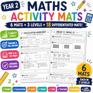 Op de afbeelding: Wiskunde-activiteitenmatten voor groep 4 met 18 gedifferentieerde werkbladen op 3 niveaus. Bevat rekenoefeningen, optellen, aftrekken, vermenigvuldigen, delen en tekstproblemen. Iconen voor getallen, vormen, geld, tijd, breuken en redeneren.